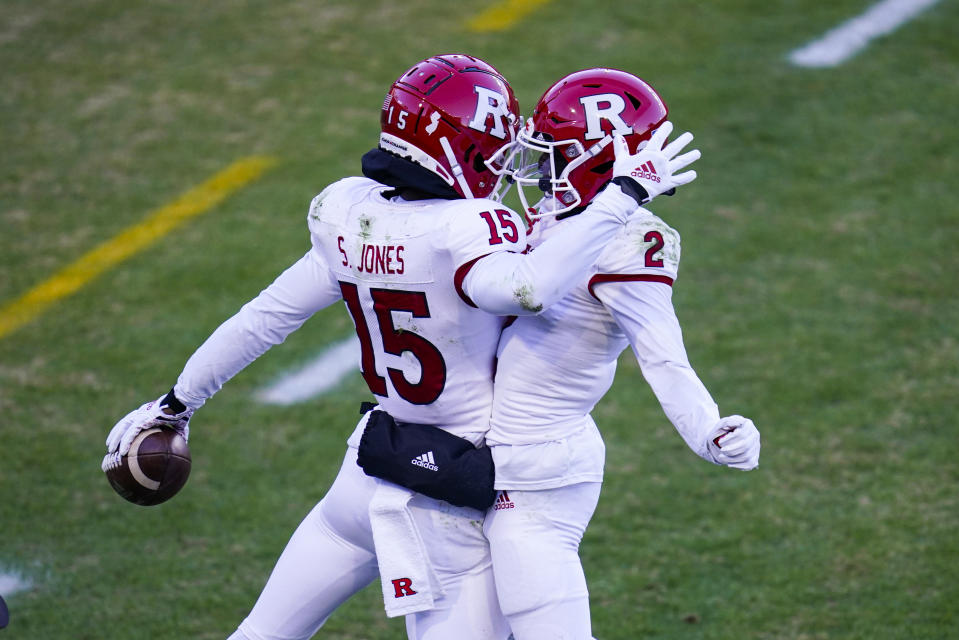 Rutgers wide receiver Shameen Jones (15) celebrates a touchdown catch with teammate Aron Cruickshank (2) during the first quarter of an NCAA college football game against Purdue in West Lafayette, Ind., Saturday, Nov. 28, 2020. (AP Photo/Michael Conroy)