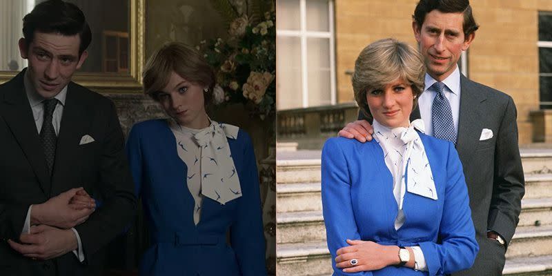 <p>Of course, <em>The Crown </em>couldn't depict the "whatever love means" scene without Diana's blue engagement outfit—from the patent leather clutch to the printed bow blouse. We wonder if they got it from Harrods department store, like the <a href="https://www.refinery29.com/en-us/2017/11/179847/princess-diana-engagement-suit-harrods" rel="nofollow noopener" target="_blank" data-ylk="slk:Princess did;elm:context_link;itc:0;sec:content-canvas" class="link ">Princess did</a> back in 1981.</p>