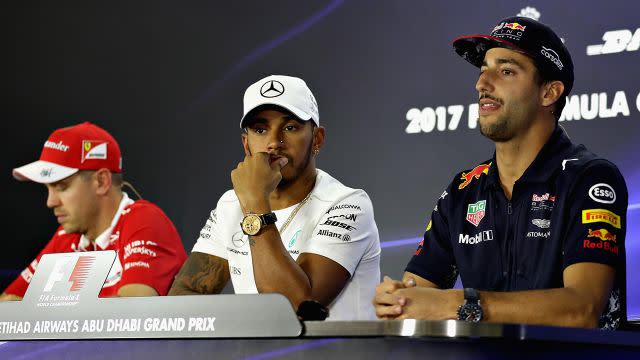 Vettel, Hamilton and Ricciardo. Image: Getty