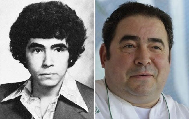 Chef Emeril Lagasse, as seen in his high school yearbook photo, and later as one of the world's most famous celebrity chefs.