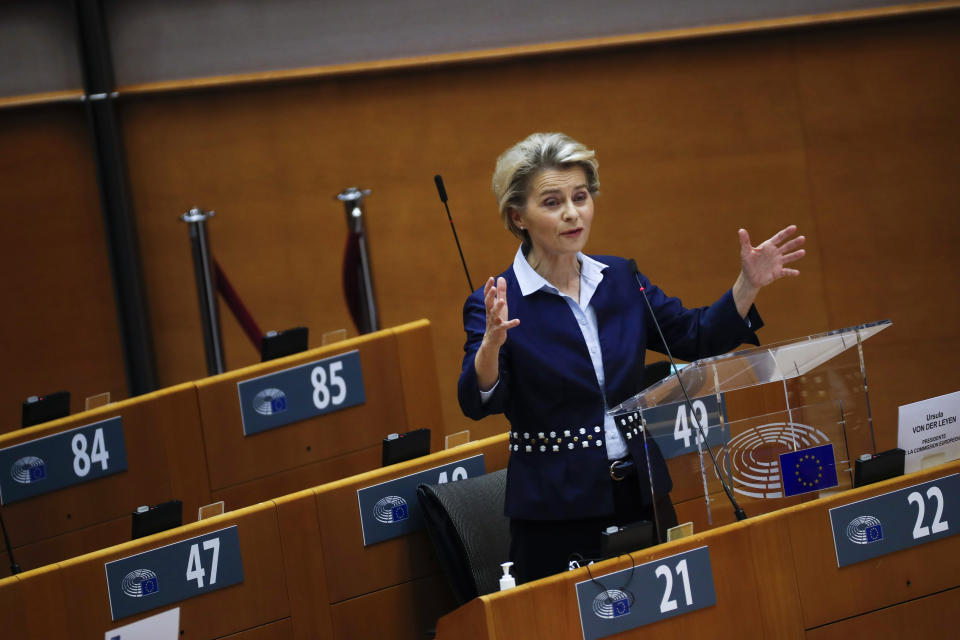 European Commission President Ursula von der Leyen addresses European lawmakers during a plenary session at the European Parliament in Brussels, Wednesday, Dec. 16, 2020. Von der Leyen said Wednesday she saw clear progress in the trade talks with the UK, turning a post-Brexit deal from a fleeting possibility into an ever more realistic possibility. (AP Photo/Francisco Seco)