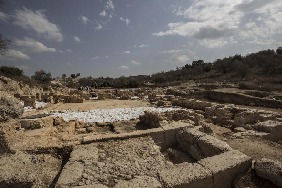 A view of an ancient church that was recently uncovered in Beit Shemesh, near Jerusalem. Wednesday, Oct. 23, 2019. Israeli archaeologists have revealed an elaborately decorated Byzantine church dedicated to an anonymous martyr that was recently uncovered near Jerusalem. The Israel Antiquities Authority showcased some of the finds from the nearly 1,500-year-old structure on Wednesday after three years of excavations. (AP Photo/Tsafrir Abayov)