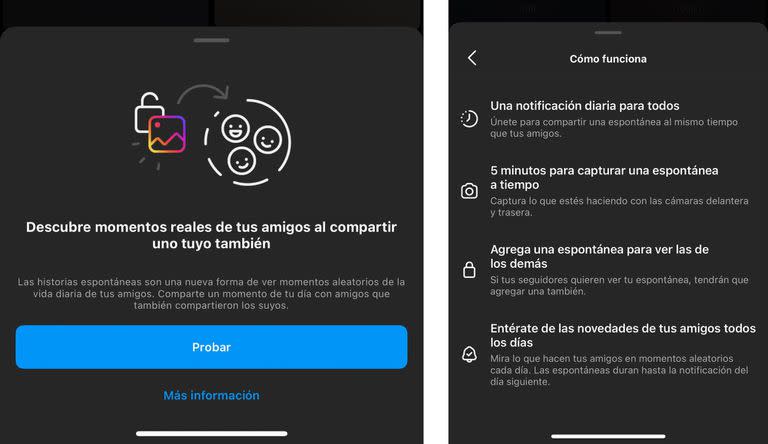 Instagram presentó una nueva función, "Historias espontáneas", similar a una que ofrece BeReal, con publicaciones hechas con la cámara frontal y trasera del teléfono en simultáneo