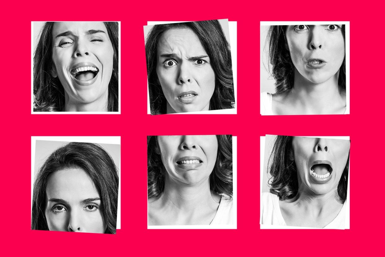 Six shots of a woman making different faces of surprise, disgust, shock.