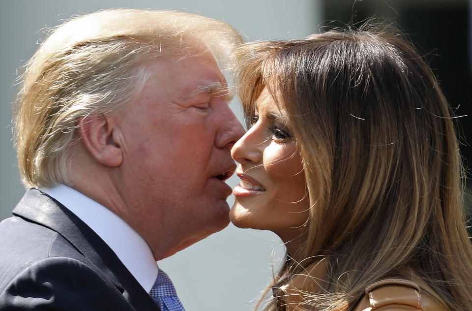 President Trump kisses first lady Melania Trump after she spoke in the Rose Garden of the White House on May 7. (Photo: Win McNamee/Getty Images)