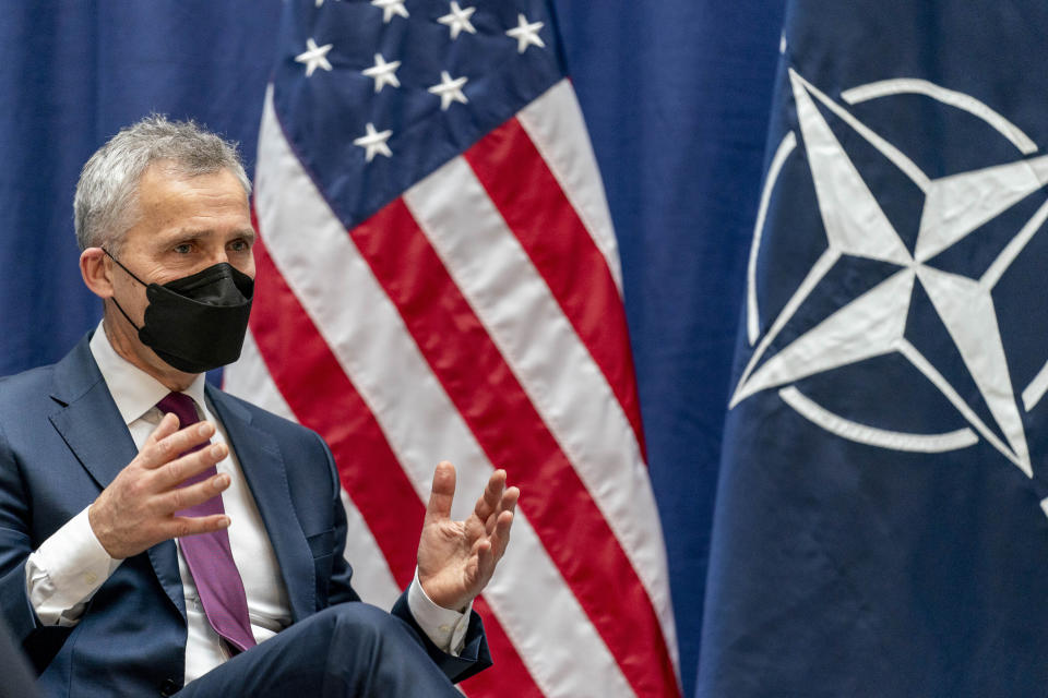 NATO Secretary General Jens Stoltenberg speaks during a meeting with Vice President Kamala Harris during the Munich Security Conference in Munich, Friday, Feb. 18, 2022. (AP Photo/Andrew Harnik, Pool)