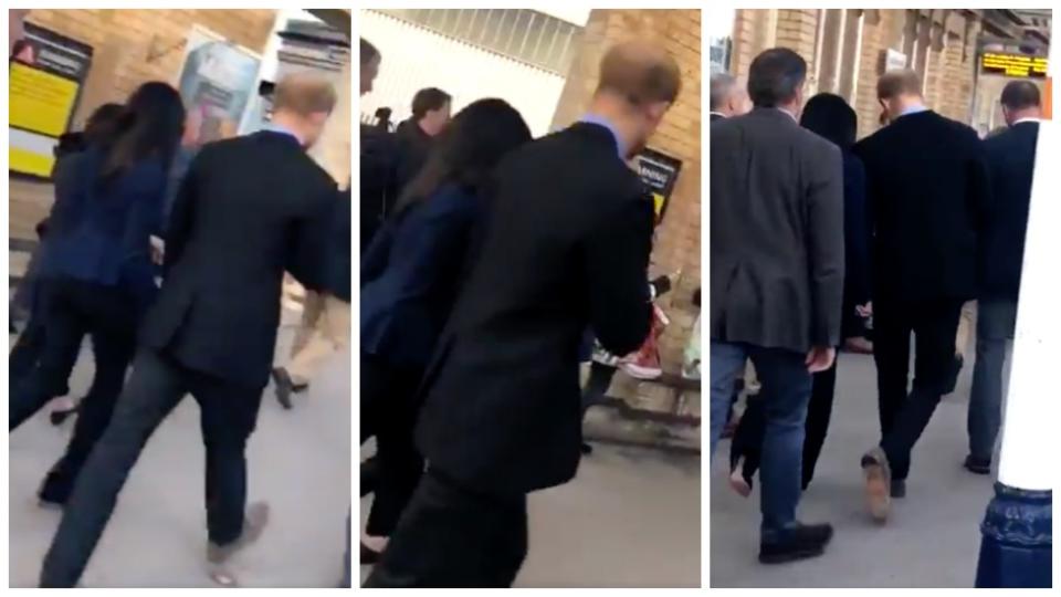 Prince Harry and Meghan Markle caused chaos when they were seen boarding a train, with the public praising them for being “normal people”. Source: Twitter/JohnnyNorton