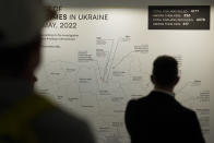 People watch a map of Ukraine with numbers of killed civilians inside a so called Russian War Crimes House alongside the World Economy Forum in Davos, Switzerland, Sunday, Jan. 22, 2022. The numbers on the map are based on reports by Amnesty International. The annual meeting of the World Economy Forum is taking place in Davos from May. 22 until May. 26, 2020. (AP Photo/Markus Schreiber)