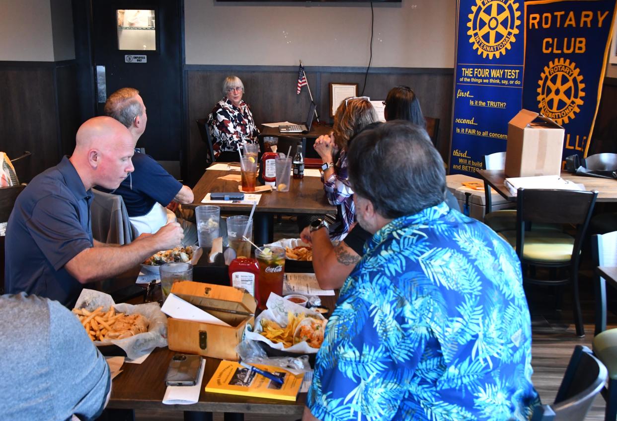 On Thursday, Laurilee Thompson, owner and operator of the Dixie Crossroads, was giving her presentation on the history of Titusville, the lagoon and loss of wetlands due to spaceport expansion to the Titusville Rotary Club. She was recently named Restauranteur of the Year by the Florida Restaurant and Lodging Association.