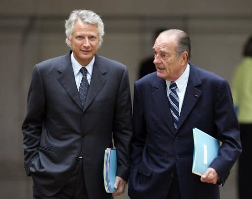 Former French President Jacques Chirac, right, chats with then Prime Minister Dominique de Villepin in Paris in 2007. African leaders gave Chirac and Villepin $20 million in cash, including to finance elections, a lawyer claimed on Monday