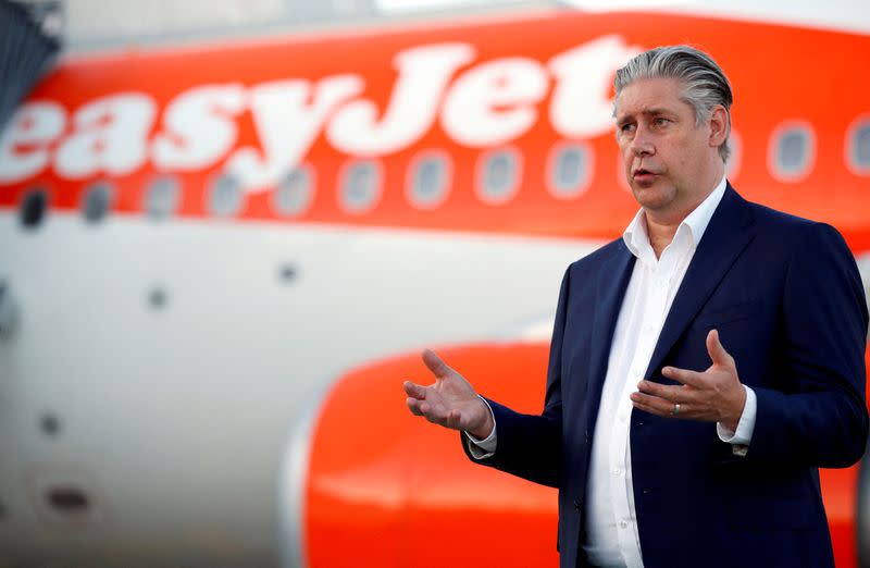 FILE PHOTO: EasyJet CEO Johan Lundgren gestures as he talks to media at Gatwick Airport