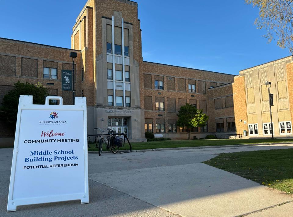 A sign welcoming the public to the Sheboygan Area School District's public meeting Monday sits in front of Urban Middle School.