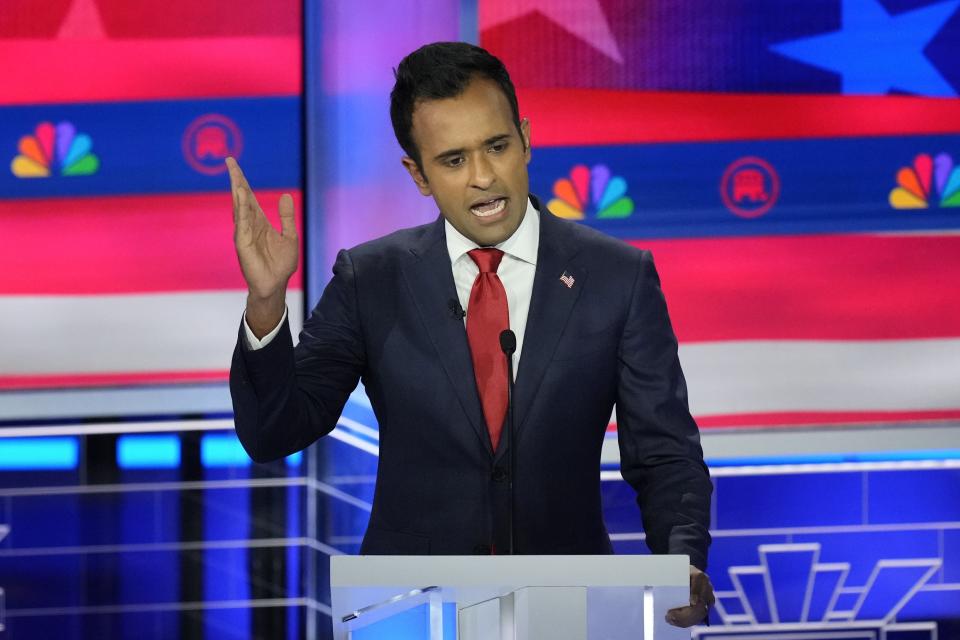 Republican presidential candidate businessman Vivek Ramaswamy speaks during a Republican presidential primary debate hosted by NBC News, Wednesday, Nov. 8, 2023, at the Adrienne Arsht Center for the Performing Arts of Miami-Dade County in Miami. | Rebecca Blackwell, Associated Press