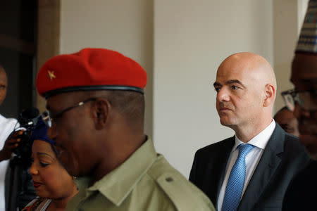 Nigerian Minister of Sports and Youth development Solomon Dalung leads FIFA President Gianni Infantino and FIFA Secretary General Fatma Samoura to visit Nigeria's President Muhammadu Buhari in Abuja, Nigeria, July 25, 2016. REUTERS/Afolabi Sotunde