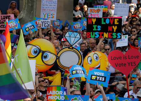 People attend a rally for marriage equality of same-sex couples in Sydney, Australia, September 10, 2017. REUTERS/Jason Reed