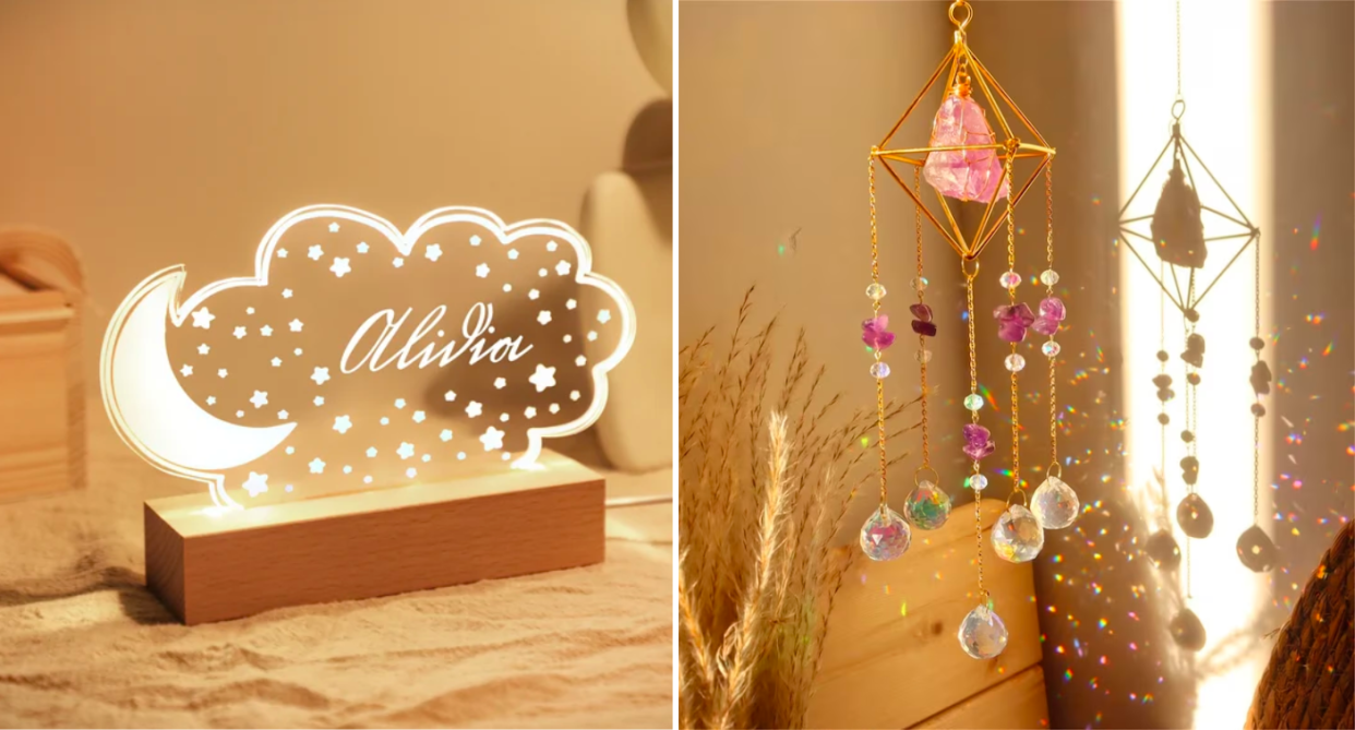 holiday black friday gifts: engraved night light and crystal suncatcher