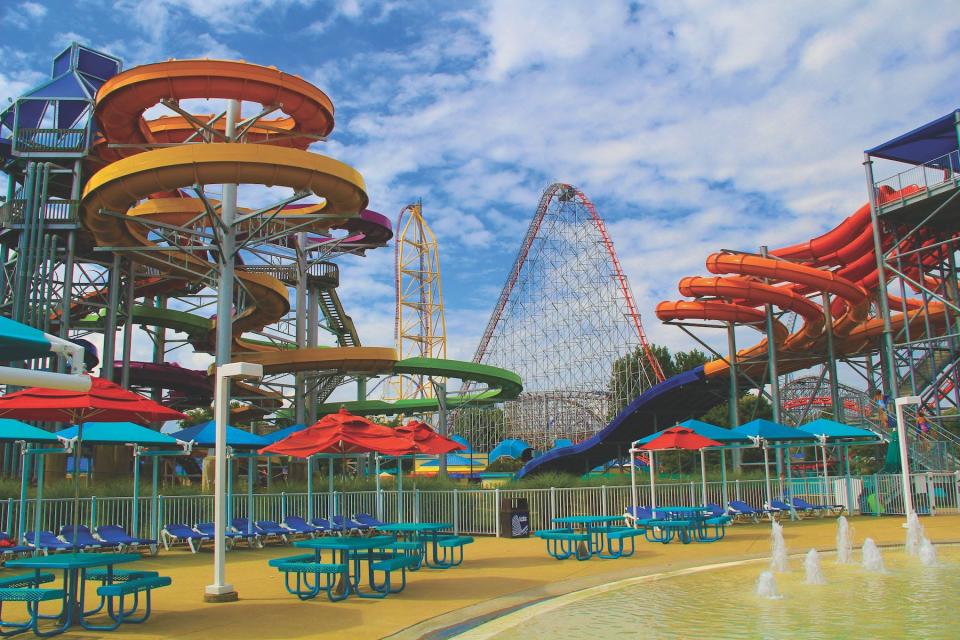 The roller coasters of Cedar Point provide a backdrop for the aquatic thrills at Cedar Point Shores water park.