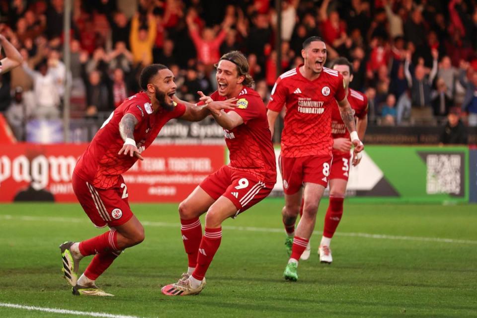 Jay Williams celebrates his goal as Crawley beat MK Dons <i>(Image: Steven Paston/PA Wire)</i>