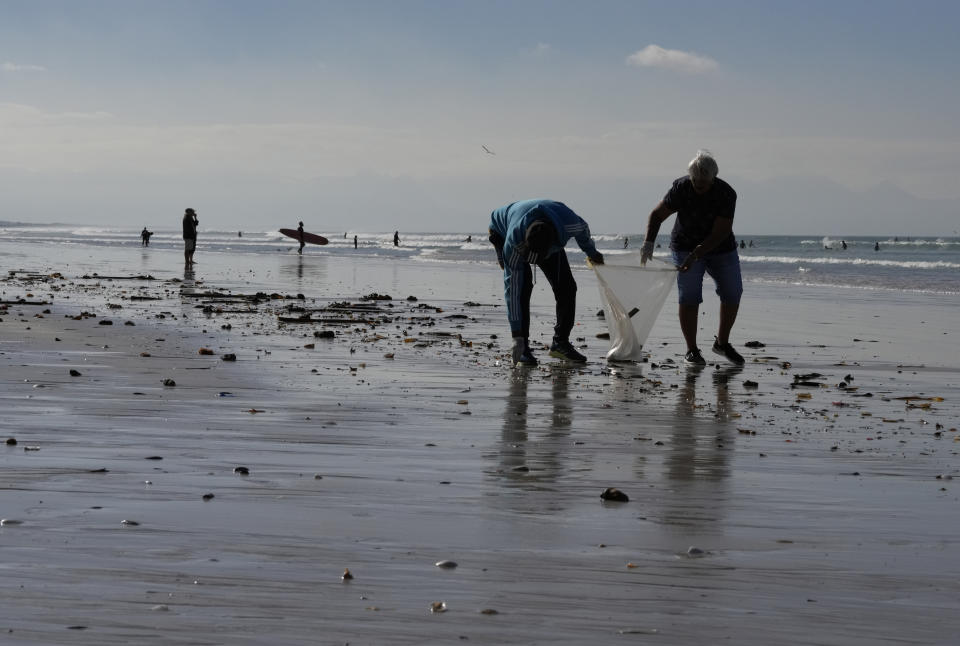 People join a public clean-up operation on 'Earth Day' at the Muizenberg beach, in Cape Town, South Africa, Monday, April 22, 2024 . (AP Photo/Nardus Engelbrecht)