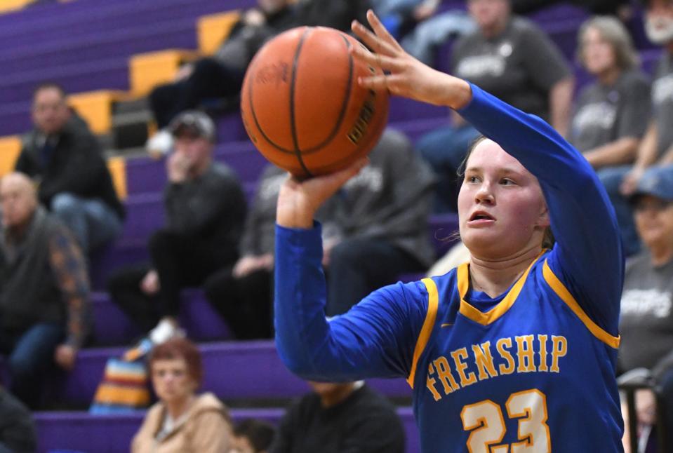 Frenship's Addisyn Bollinger shoots against Crowley in a Class 6A area-round playoff Friday, Feb. 16, 2024, at Wylie's Bulldog Gym in Abilene.