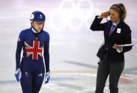 Short Track Speed Skating Events - Pyeongchang 2018 Winter Olympics - Women's 1000m Competition - Gangneung Ice Arena - Gangneung, South Korea - February 20, 2018. Elise Christie of Britain reacts. REUTERS/Phil Noble