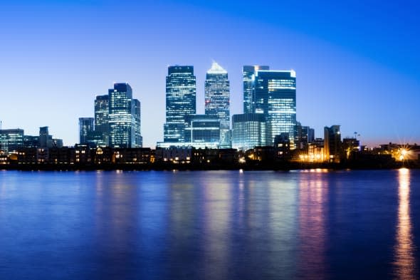 Canary Wharf area of London at dusk