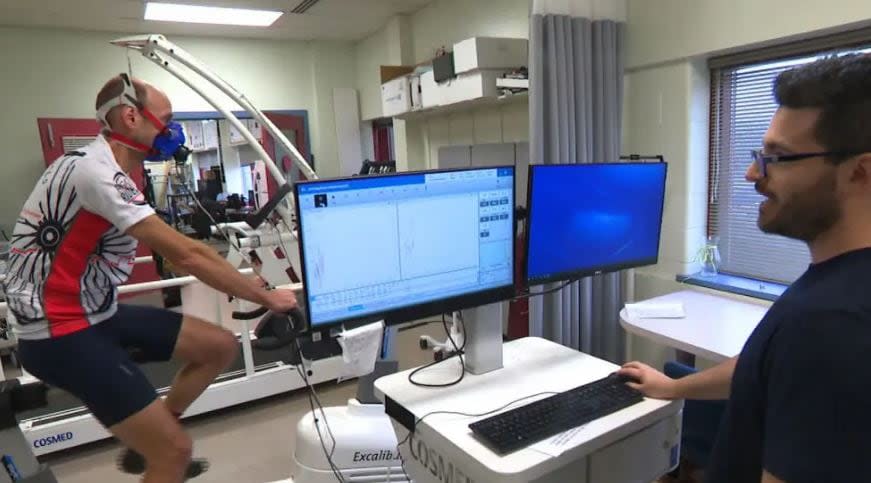 Steven Iseman performs a cycling test in the Human Health and Performance Lab at the University of Guelph.