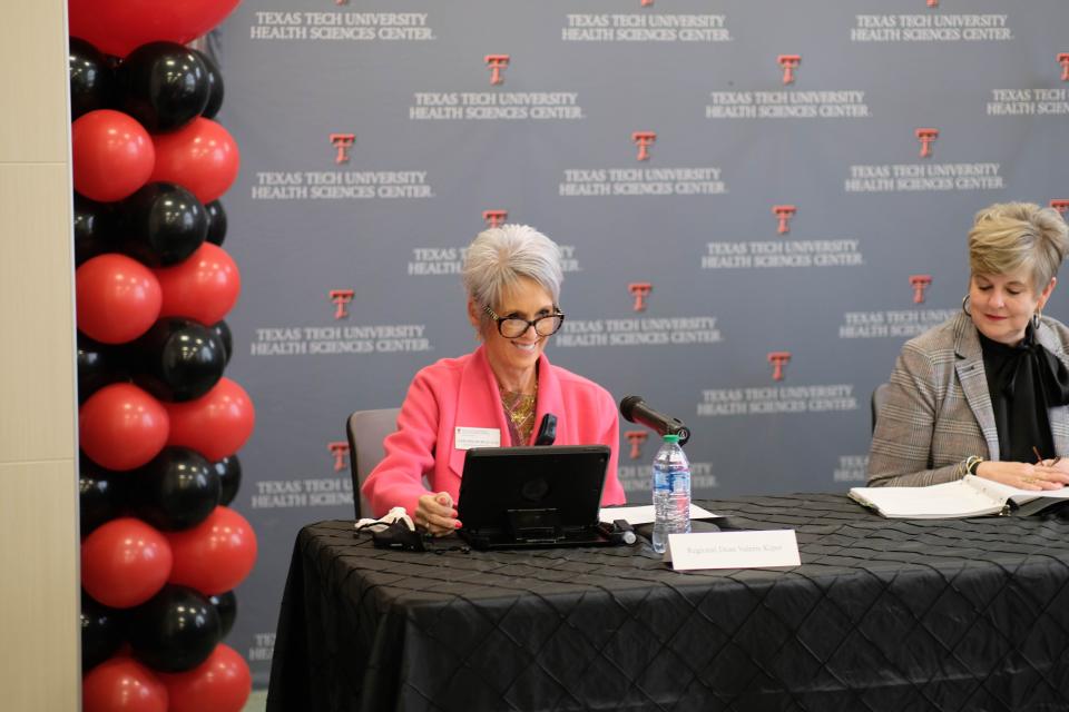 Texas Tech University of Health Sciences regional dean for the School of Nursing for Amarillo Valerie Kiper  address crowd Wednesday with remarks about its inaugural class of 20 students.