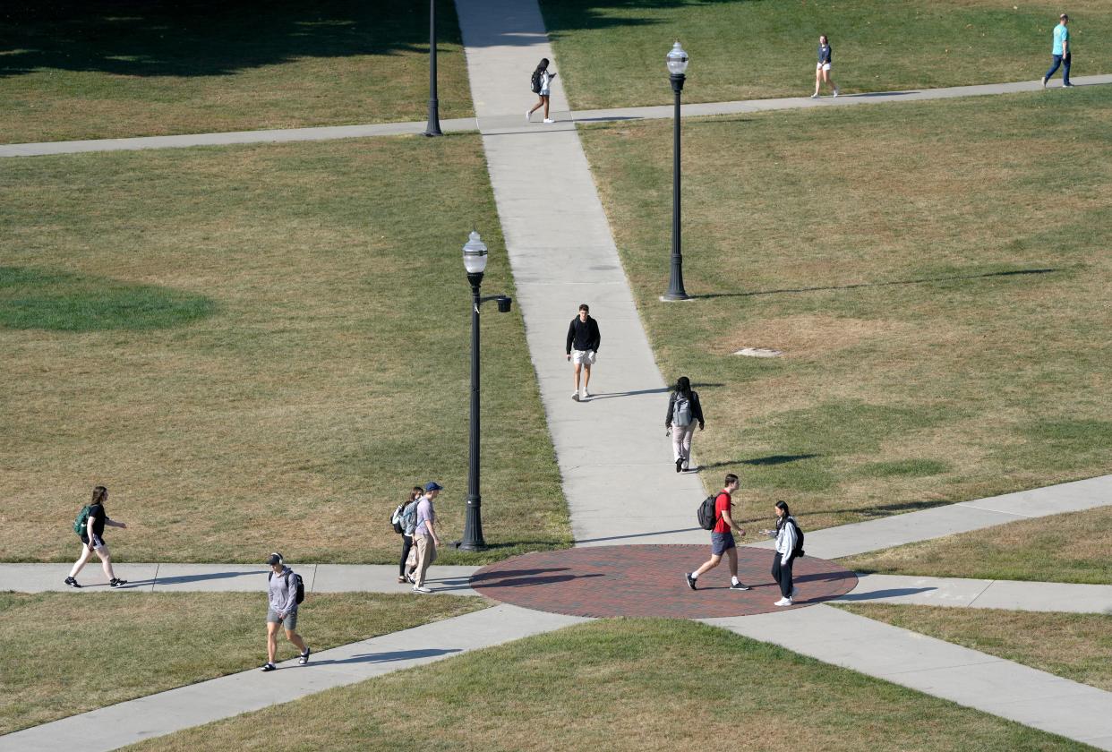 Sept. 21, 2023; Columbus, Oh., USA;  Students cross the South Oval of the Ohio State University campus in Columbus.