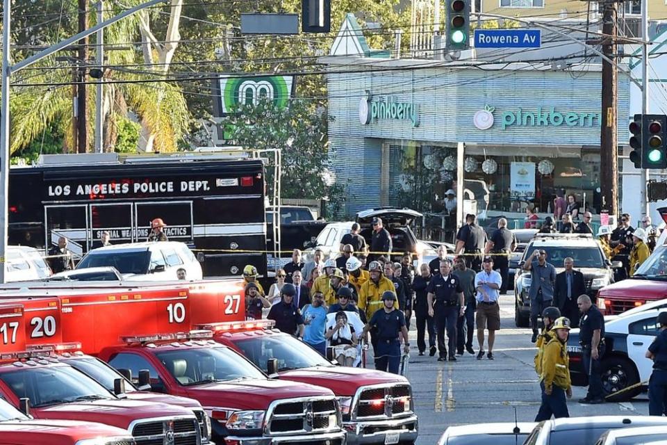 The scene outside a Trader Joe's in Los Angeles' Silver Lake neighborhood after a gunman took hostages there on Saturday, according to police.