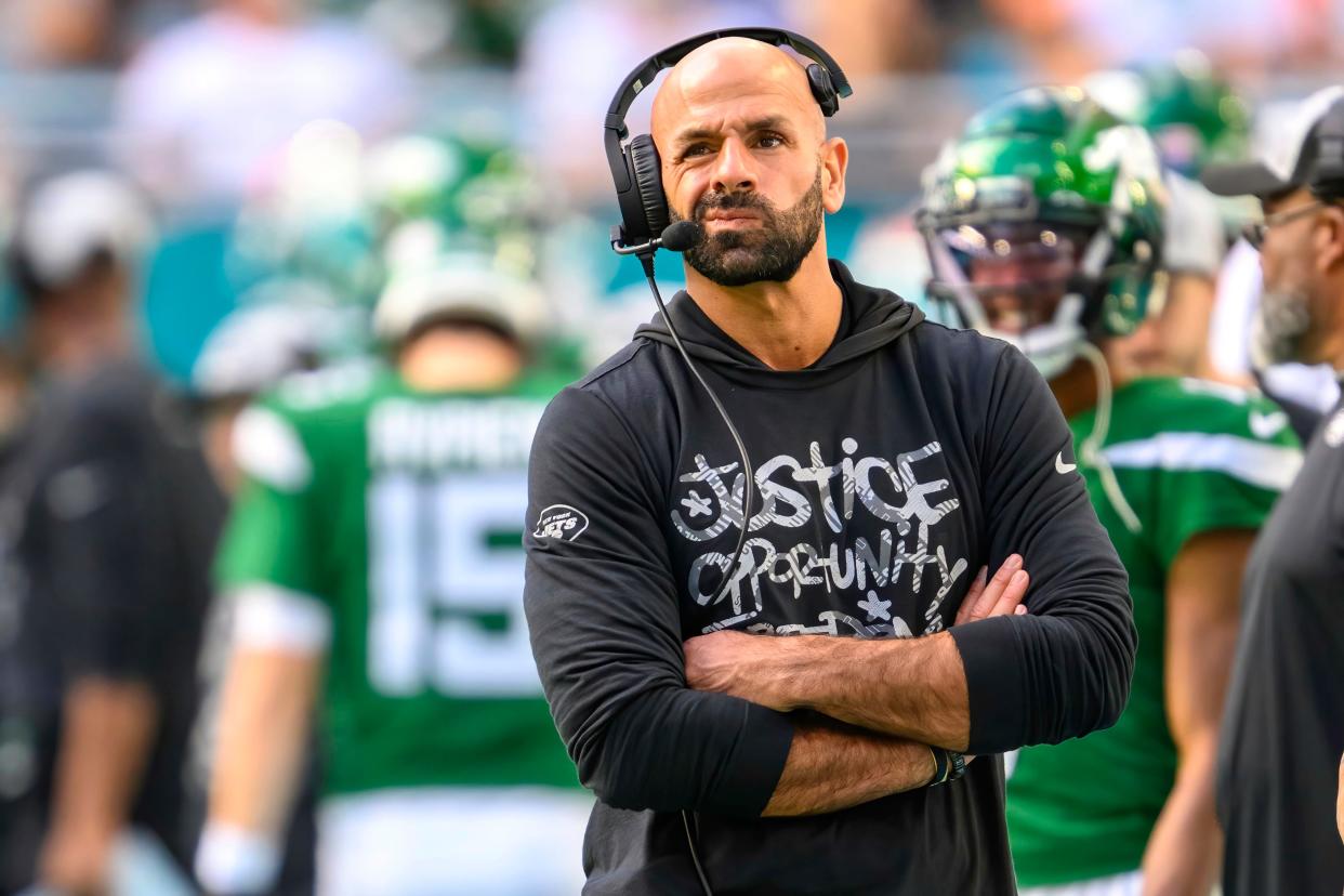 New York Jets head coach Robert Shaleh reacts on the sidelines during an NFL football game against the Miami Dolphins, Sunday, Dec 17, 2023, in Miami Gardens, Fla.