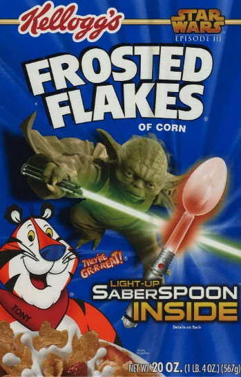 Glowing lightsaber spoons were the delight of Star Wars fans everywhere when Kellogg's added them to Frosted Flakes boxes. (Photo: Kellogg's)