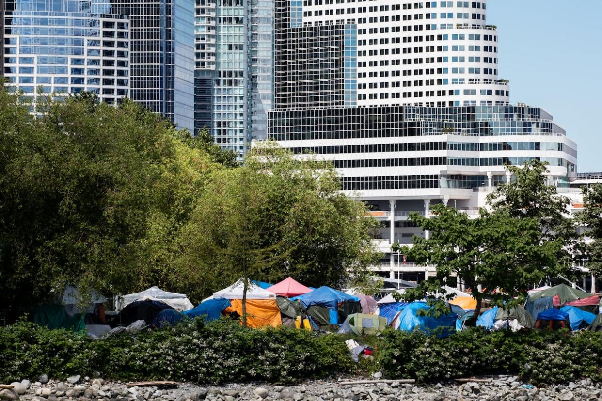 The encampment at CRAB Park is shown on June 22, 2022. Residents have filed a human rights complaint against the City of Vancouver, arguing they deserve basic facilities at their court-recognized encampment. (Justine Boulin/CBC - image credit)