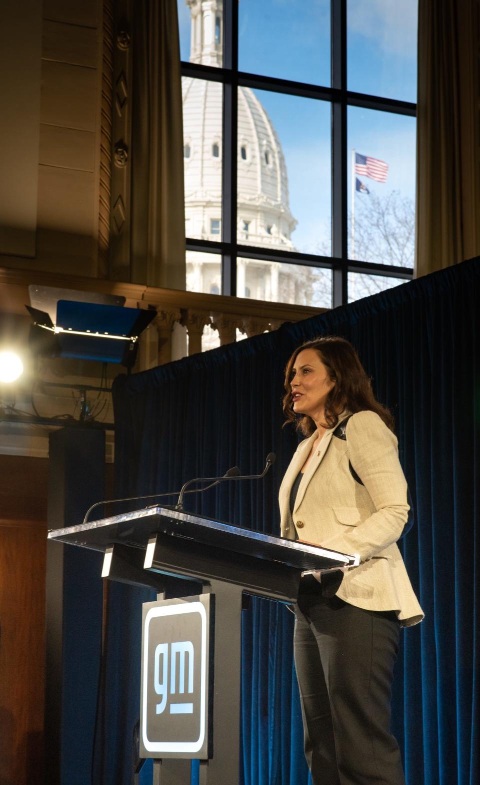 Michigan Governor Gretchen Whitmer speaks during a press conference in the Boji Senate Hearing Room in downtown Lansing Tuesday, Jan. 25, 2022, where GM and its partners made official announcement and comments on bringing a new $2.5 billion battery cell manufacturing facility to Lansing area.