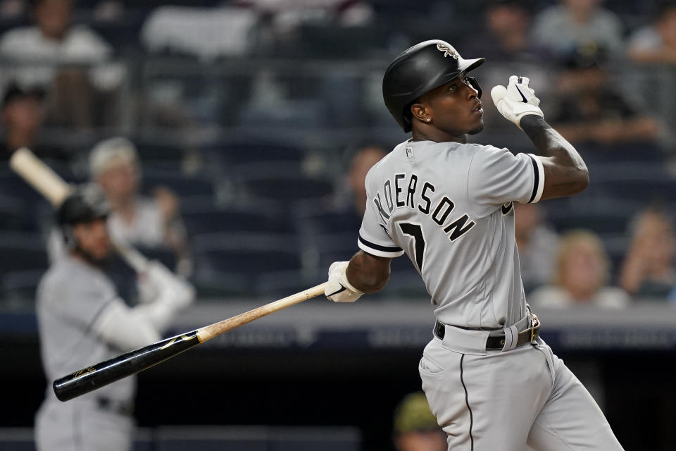 Chicago White Sox' Tim Anderson hits a three-run home run off New York Yankees relief pitcher Miguel Castro (30) in the eighth inning of the second baseball game of a doubleheader, Sunday, May 22, 2022, in New York. (AP Photo/John Minchillo)