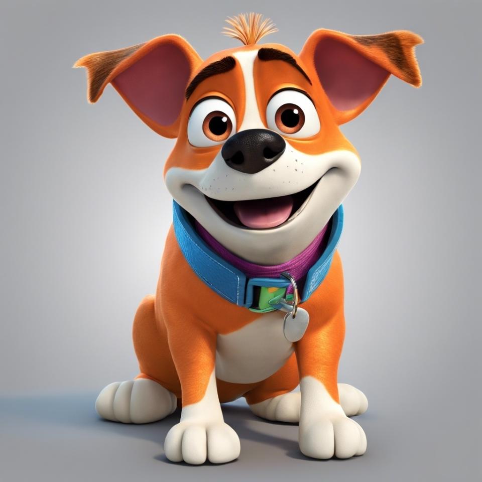 3D-animated AI generated smiling dog character inspired by Disney's Nemo, wearing a collar