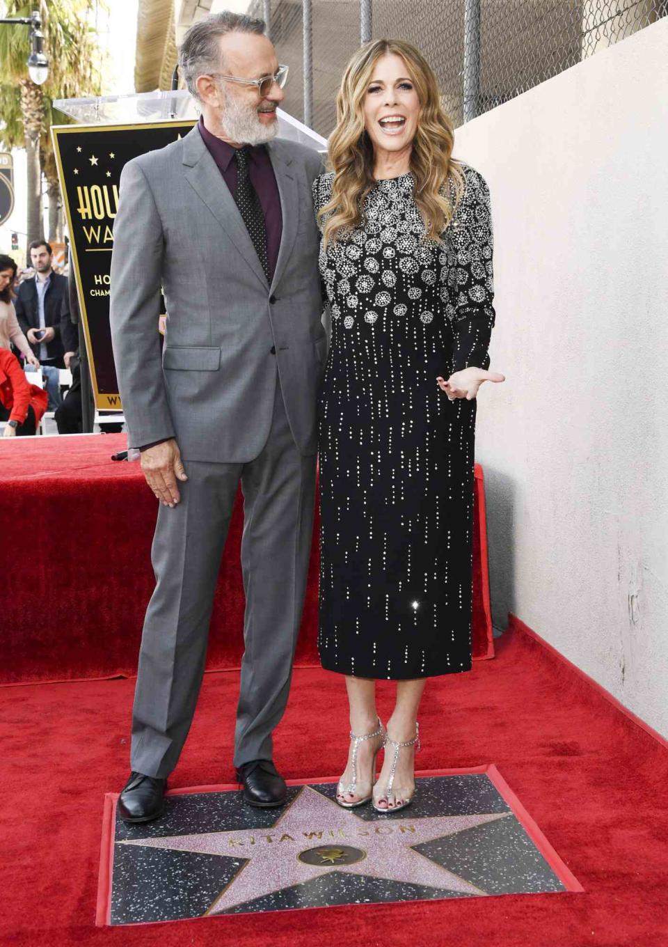 Tom Hanks and wife Rita Wilson stand with her newly unveiled star after she was honored on the Hollywood Walk of Fame in Hollywood,, California on March 29, 2019