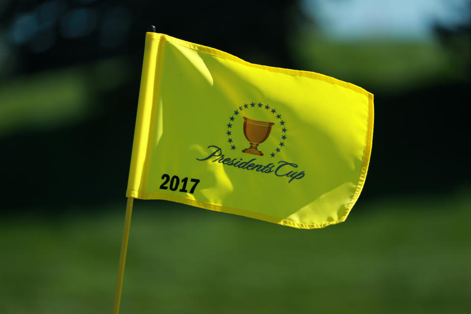 <p>A Presidents Cup pin flag is seen during the first round of the Presidents Cup at Liberty National Golf Club on Sept. 28, 2017, in Jersey City, N.J. (Photo: Scott Halleran/PGA TOUR) </p>