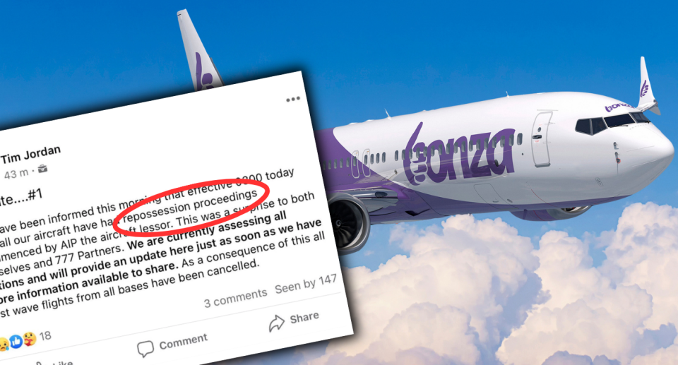 Screenshot of message from Bonza's Tim Jordan next to a Bonza plane