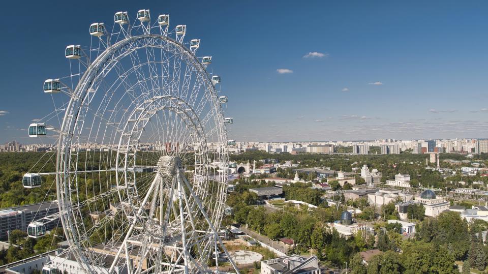 The newly opened, largest Ferris wheel in Europe at VDNKh (The Exhibition of Achievements of National Economy) is seen during celebration of the Moscow City Day in Moscow, Russia, Saturday, Sept. 10, 2022. Moscow celebrates the 875th anniversary of the city's founding. (Moscow News Agency/Press Service of the Mayor and Government of Moscow via AP)