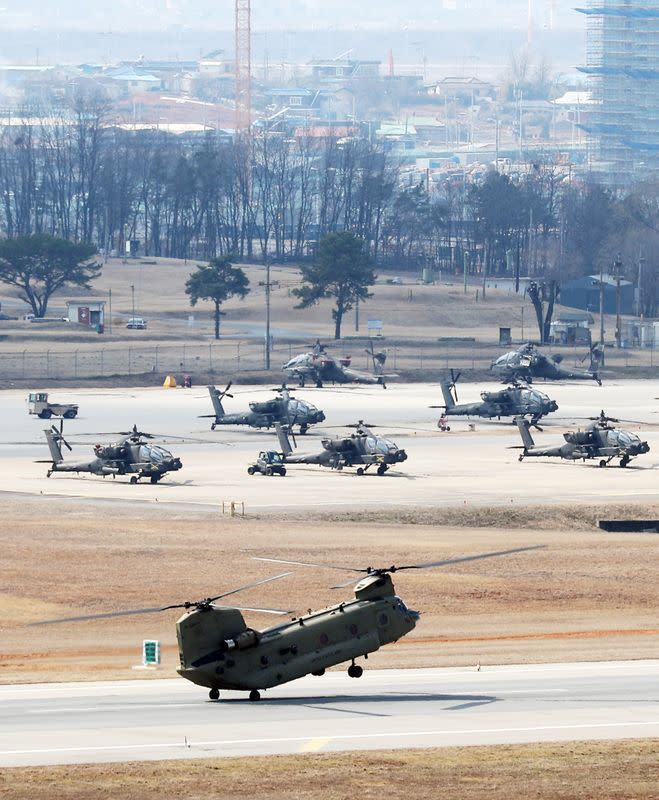 A helicopter prepares to take off at a U.S. army base in Pyeongtaek
