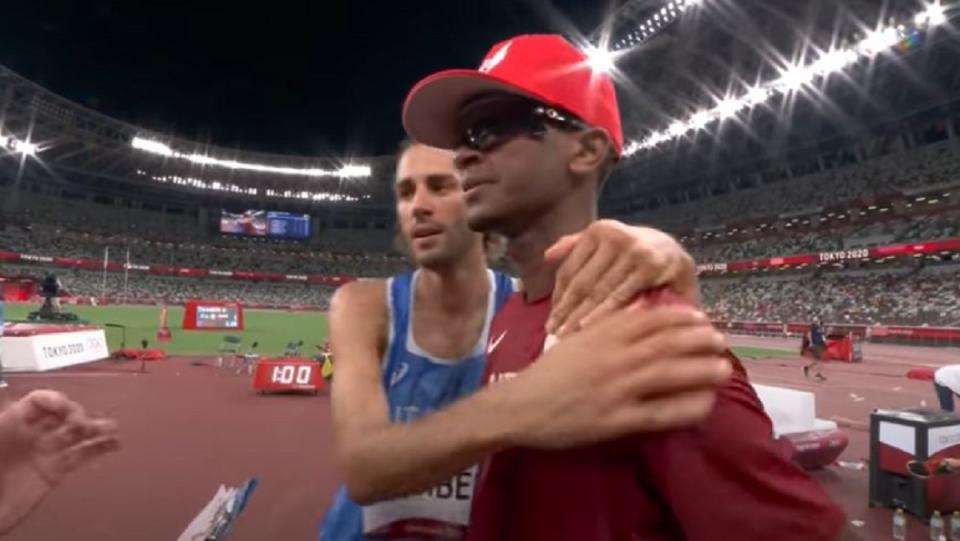 Olympic high jumpers Mutaz Essa Barshim of Qatar and Gianmarco Tamberi of Italy deciding to share a gold medal.