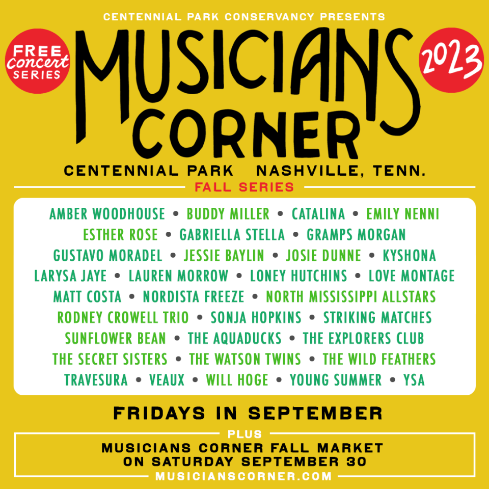 Musicians Corner, Nashville’s free concert series, returns this fall with a five-week season of live music in Centennial Park, kicking off Sept. 1, 2023
