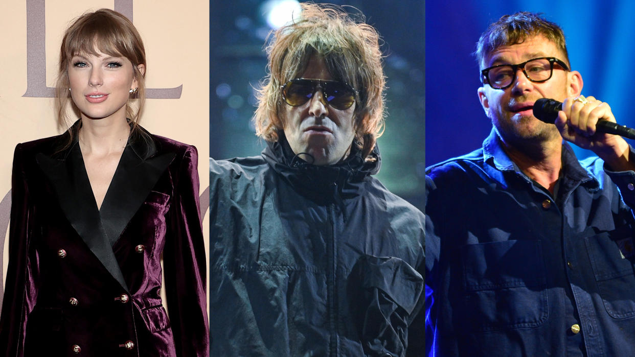 Liam Gallagher sided with Taylor Swift in her songwriting row with Blur's Damon Albarn. (Dimitrios Kambouris/Jeff J Mitchell/Jim Dyson/Getty Images)