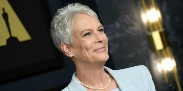 Jamie Lee Curtis looks sleek and sophisticated in a pale blue suit