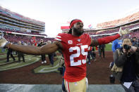 San Francisco 49ers cornerback Richard Sherman (25) celebrates after the 49ers beat the Minnesota Vikings 27-10 in an NFL divisional playoff football game, Saturday, Jan. 11, 2020, in Santa Clara, Calif. (AP Photo/Marcio Jose Sanchez)