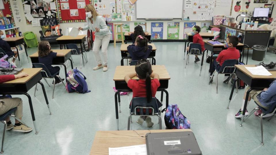 Sarita Sanmiguel’s kindergarten class at Redland Elementary School on Oct 5, 2020, the first day of school re-openings in Miami-Dade County after the coronavirus pandemic closed schools in March 2020, forcing teachers and students to pivot to remote learning.