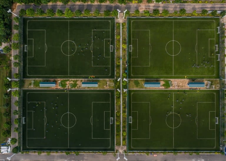 This aerial picture shows pitches of the Guangzhou R&F Football Academy in Meizhou in southern China's Guangdong province ctreated in partnership with Dutch giants Ajax