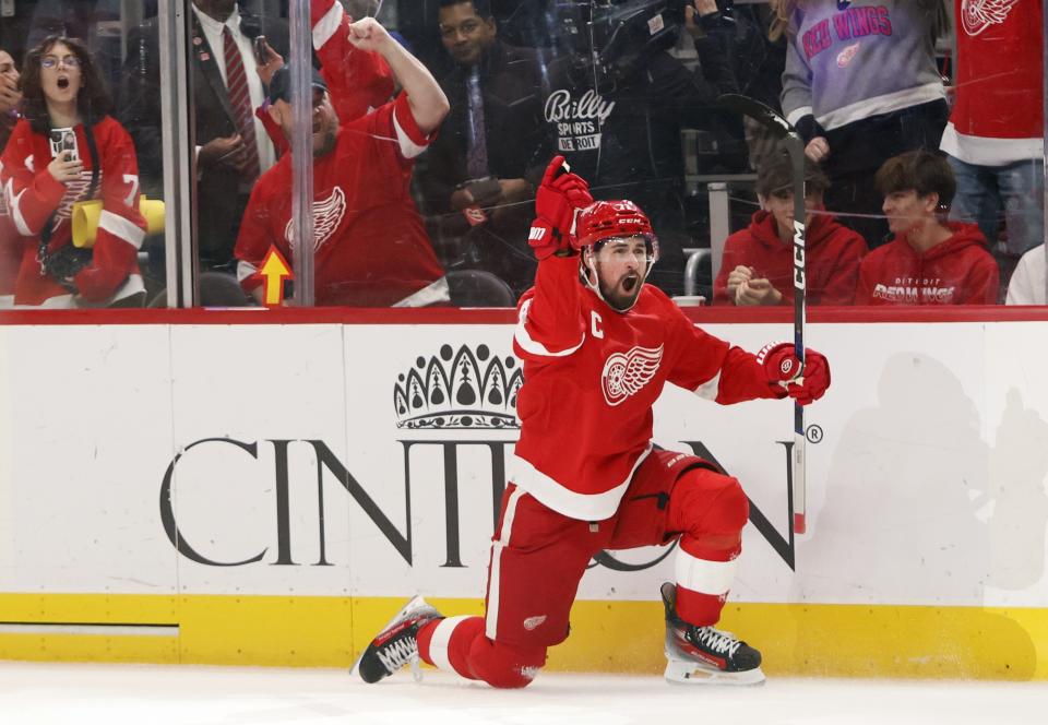 Detroit Red Wings center Dylan Larkin (71) celebrates after scoring against the Vegas Vegas Golden Knights during the first period of an NHL hockey game Saturday, Jan. 27, 2024, in Detroit. (AP Photo/Duane Burleson)