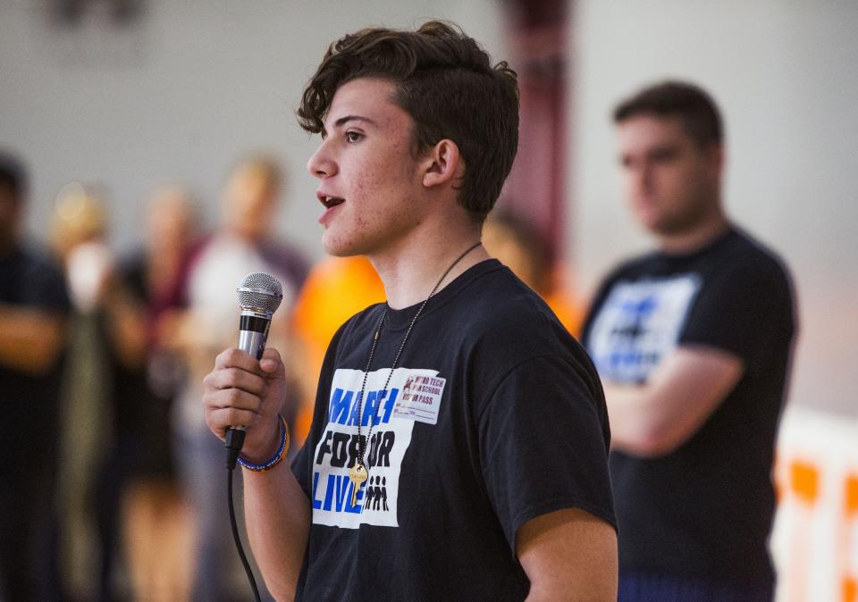 Alfonso Calderon, 16, a junior at Marjory Stoneman Douglas High School in Parkland, Fla, speaks to students at Metro Tech High School in Phoenix onApril 20, 2018.  On the 19th anniversary of the massacre at Columbine High School, Calderon, a co-founder of the March For Our Lives Movement, implored students to get politically active to change gun laws.